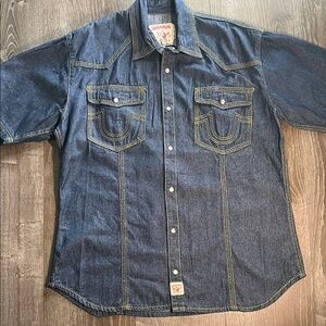 True Religion Dark Blue Denim Dress Shirt with Pearl Snaps XXL Mens